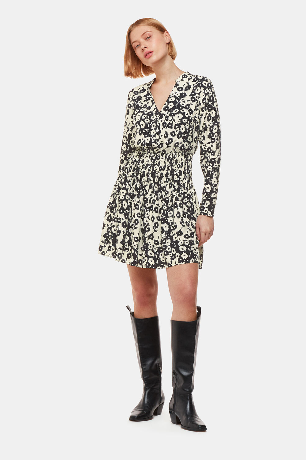 Black Riley Floral Shirred Dress